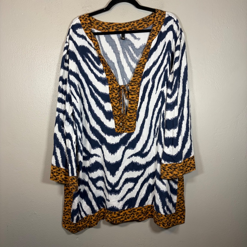 Vix Paula Hermanny Zebra Leopard Print Tunic Top Blue White Brown Large